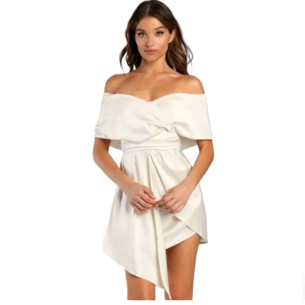 Lulus Always Celebrating Asymmetrical Ivory Satin Dress NWT